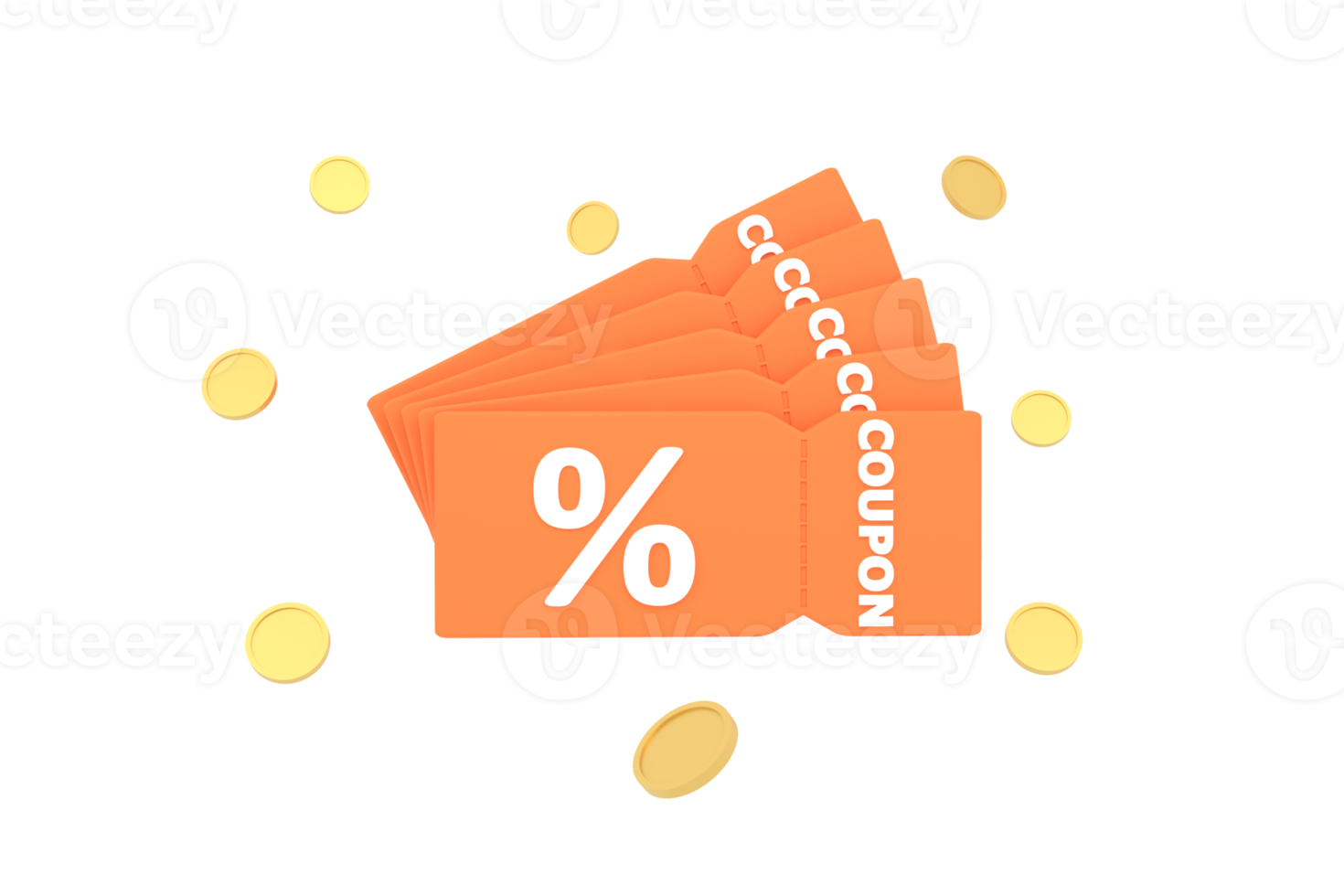 3D. discount coupon with percentage sign with coins. Voucher card cash back with coupon code promotion. png