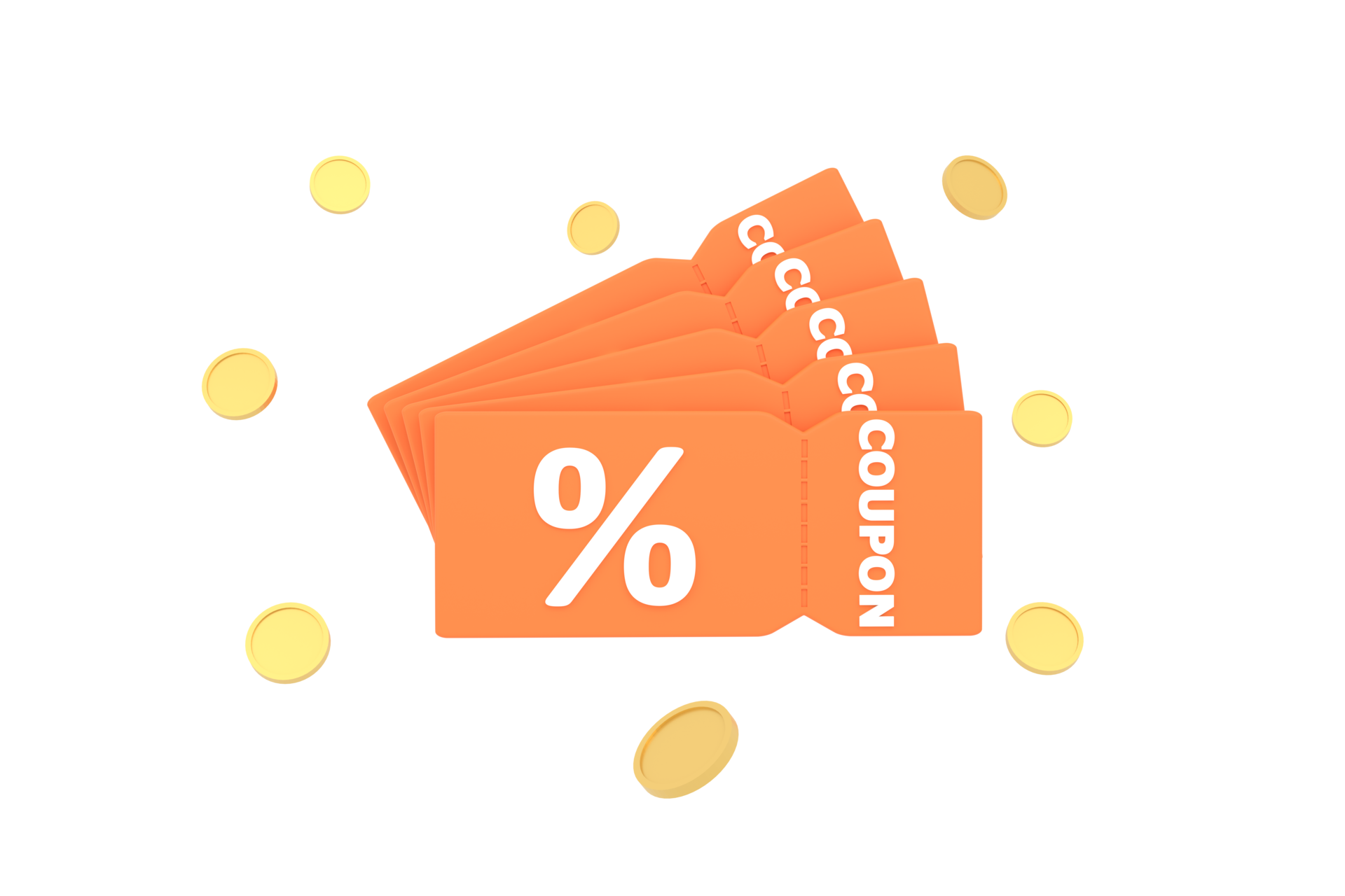 3D. discount coupon with percentage sign with coins. Voucher card cash back with coupon code