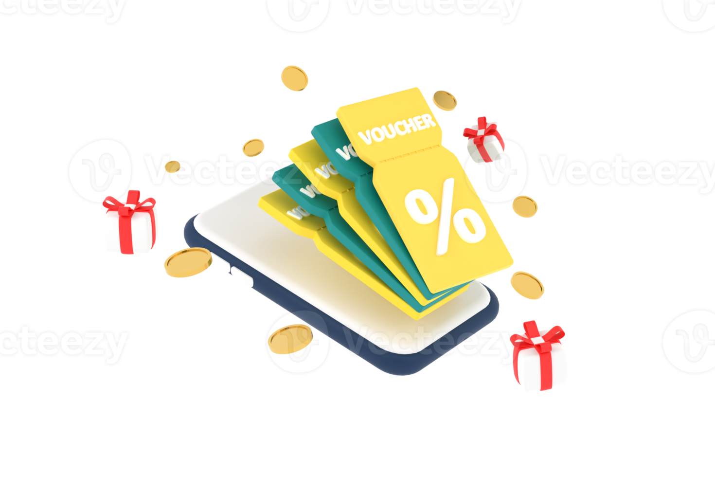 3D. smartphone on discount coupon with percentage sign with coins and gift box. Voucher card cash back. png