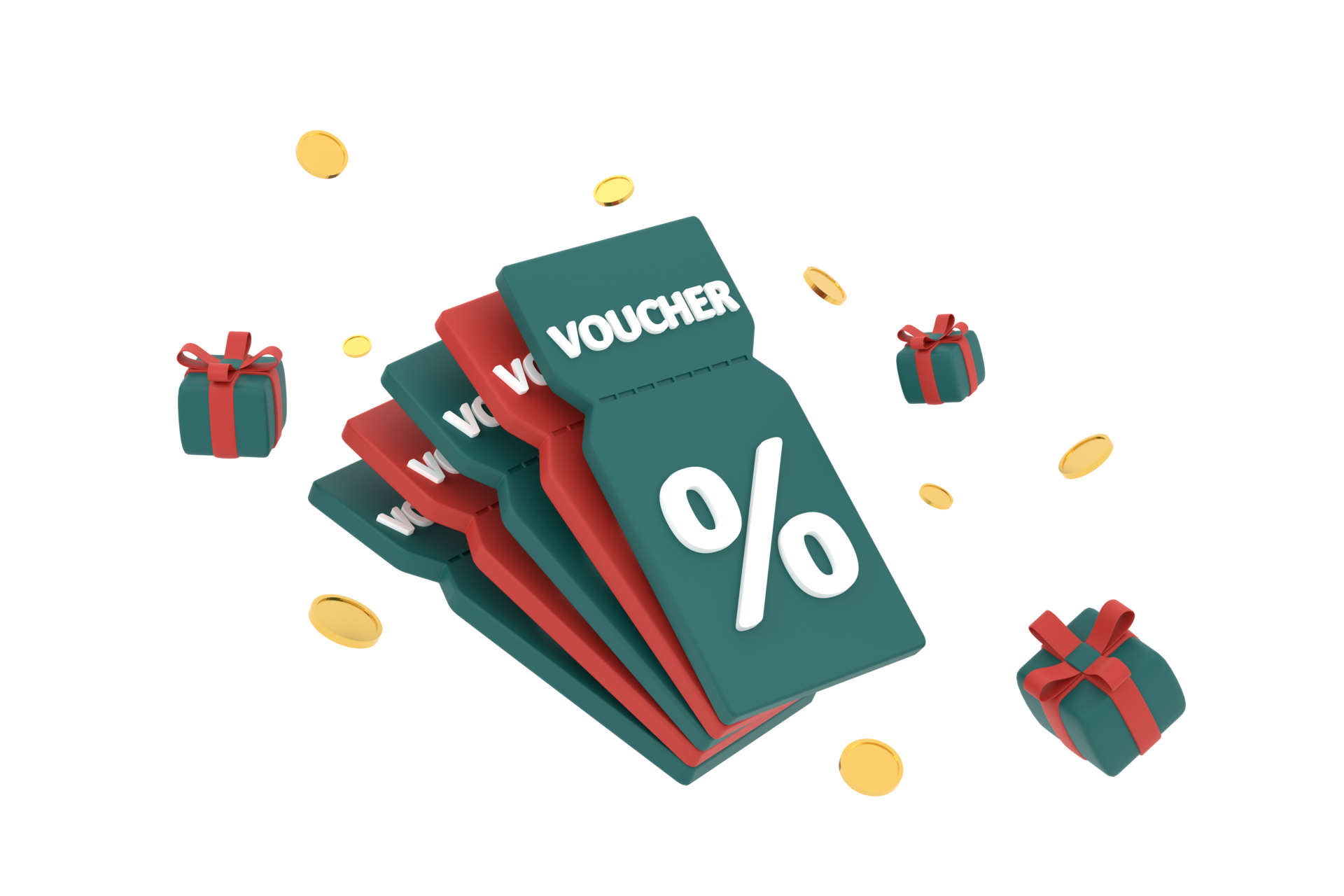 3D. discount coupon with percentage sign with coins and gift box