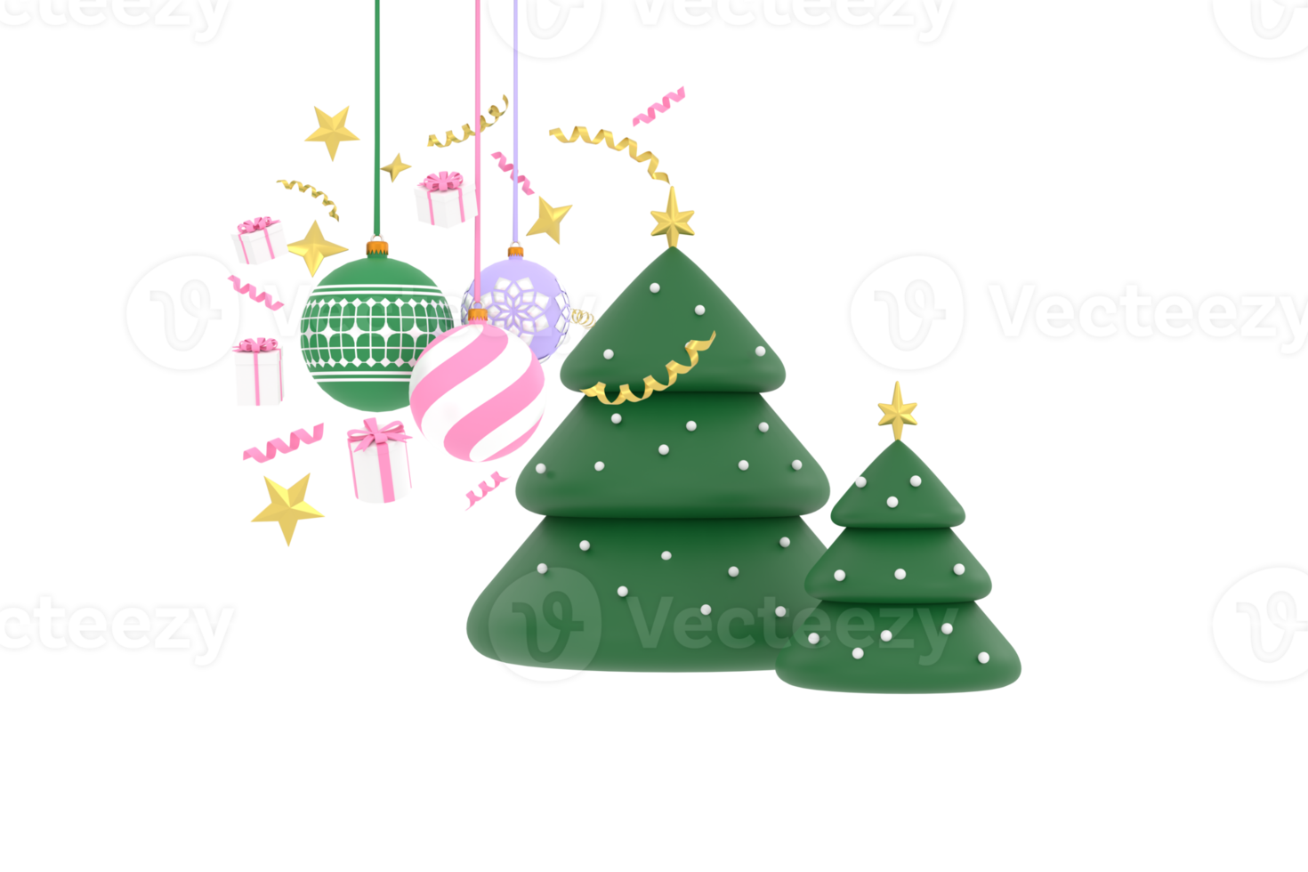 3D. Merry Christmas and Happy New Year background. Pile of gift boxes with beige bow, handing decorative balls bauble. png