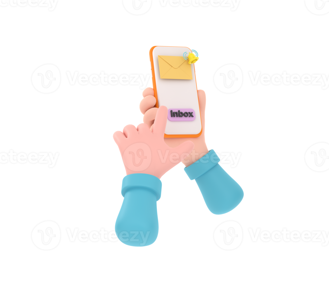 3D. hand holding the smartphone with e-mail application on screen. png