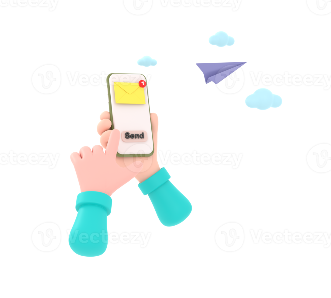 3D. hand holding the smartphone with e-mail application on screen and paper plane. png