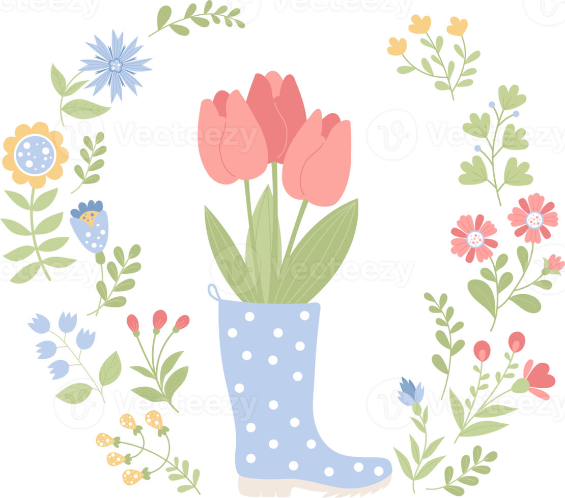 Bouquet tulips in rubber boot and flowers png