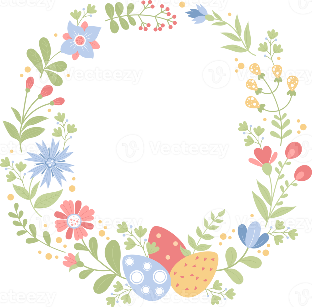 cadre rond avec des fleurs et des oeufs de pâques png