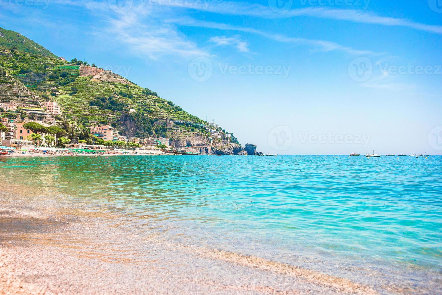 Scenic picture-postcard view of the beautiful town of Minori at famous Amalfi Coast with Gulf of Salerno, Campania, Italy photo