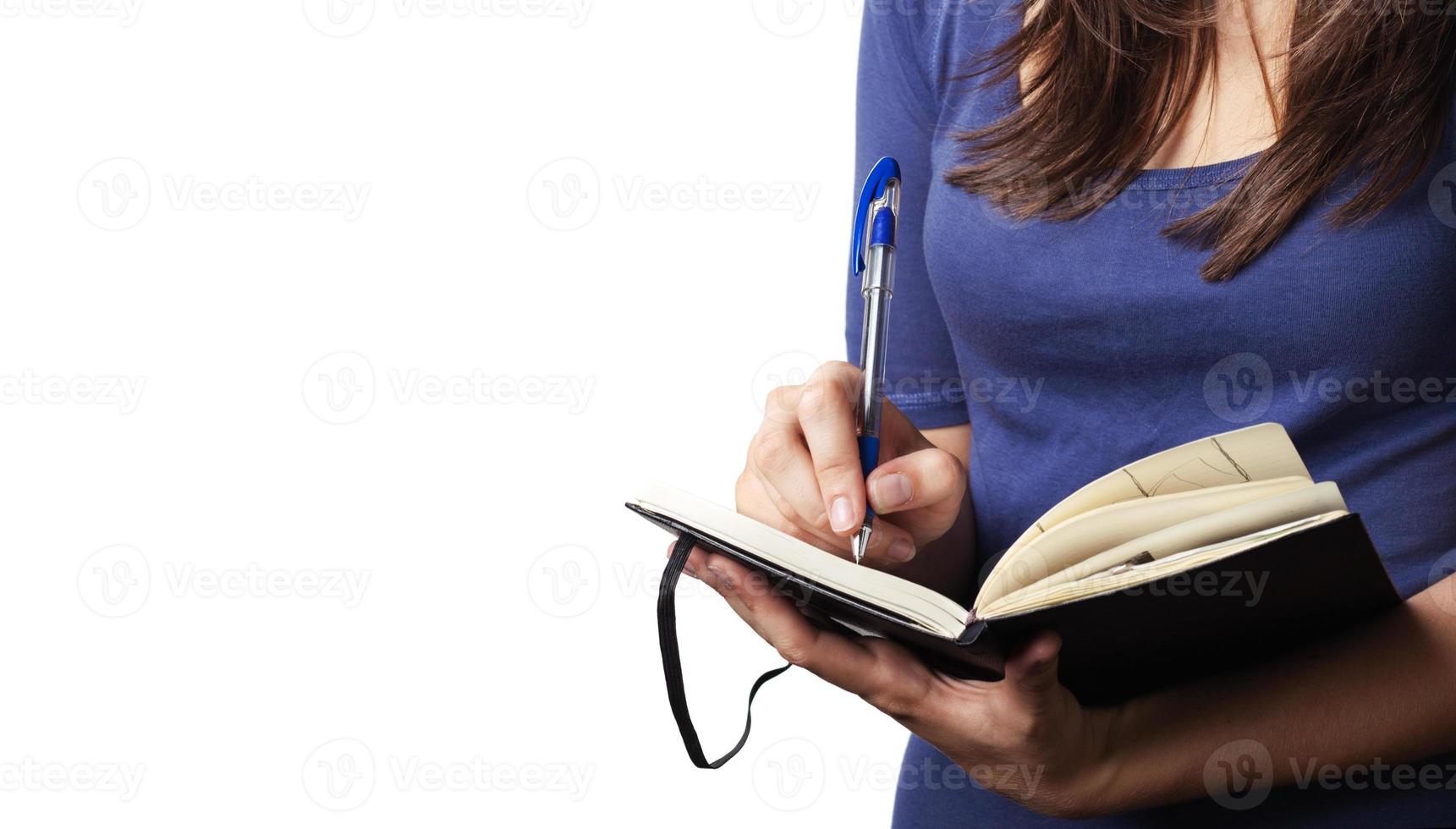 Education. Young woman portrait on white photo