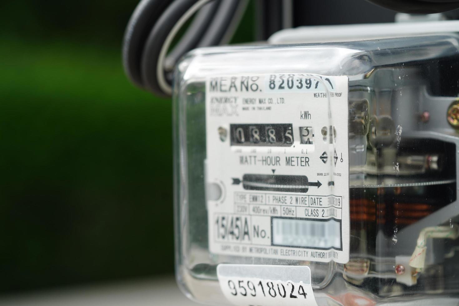 Bangkok, Thailand - May 15, 2022 Electric measuring power meter for energy cost at home and office. photo