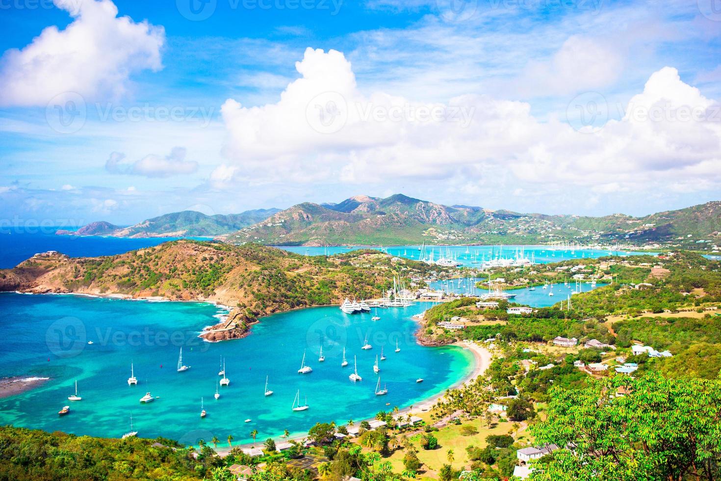View of English Harbor from Shirley Heights, Antigua, paradise bay at tropical island in the Caribbean Sea photo