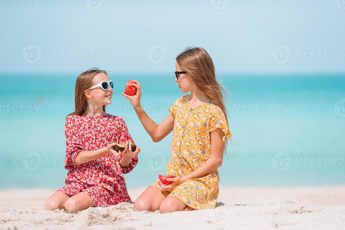 Little happy funny girls have a lot of fun at tropical beach playing together. photo