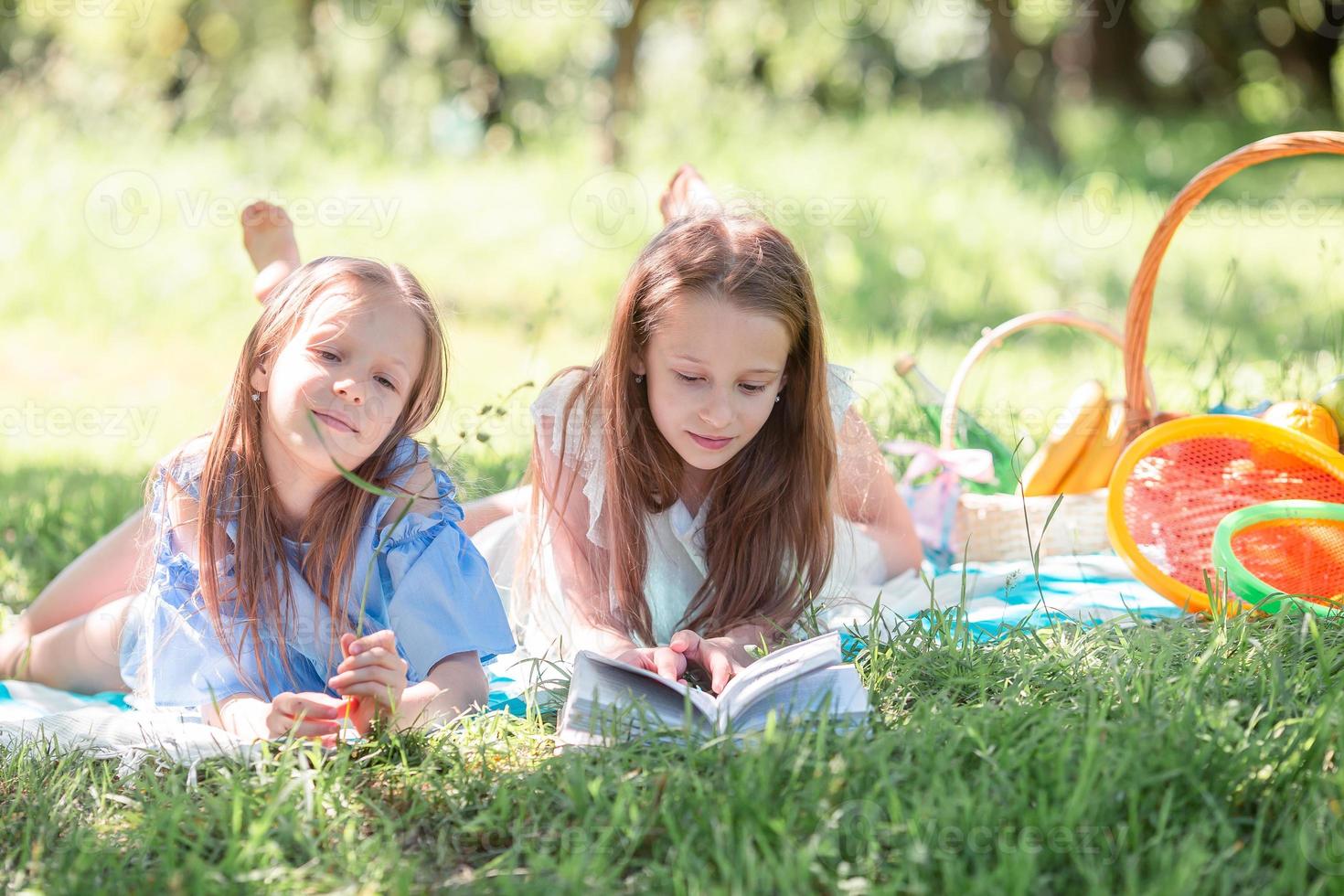 Two little kids on picnic in the park photo