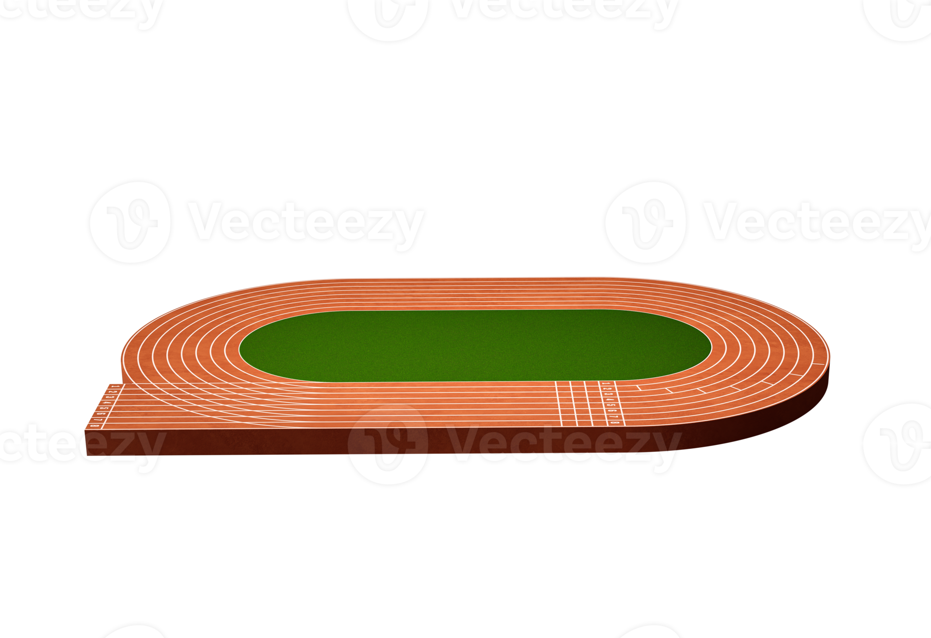 Running track on stadium with lane and numbers 3D cross section with