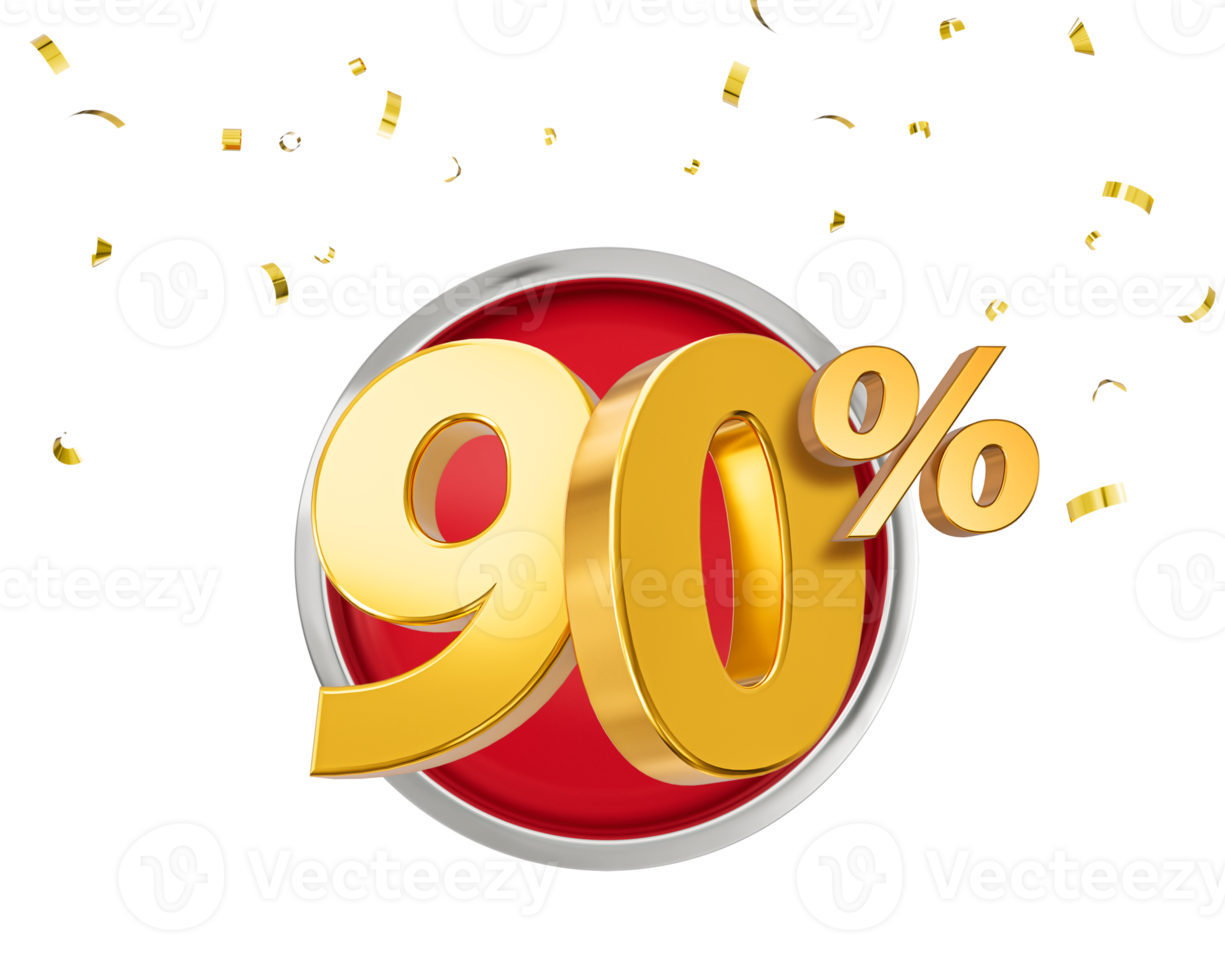 90 % de réduction sur le symbole de vente d'or 3d avec des confettis. bannière de vente et affiche 3d illustration png