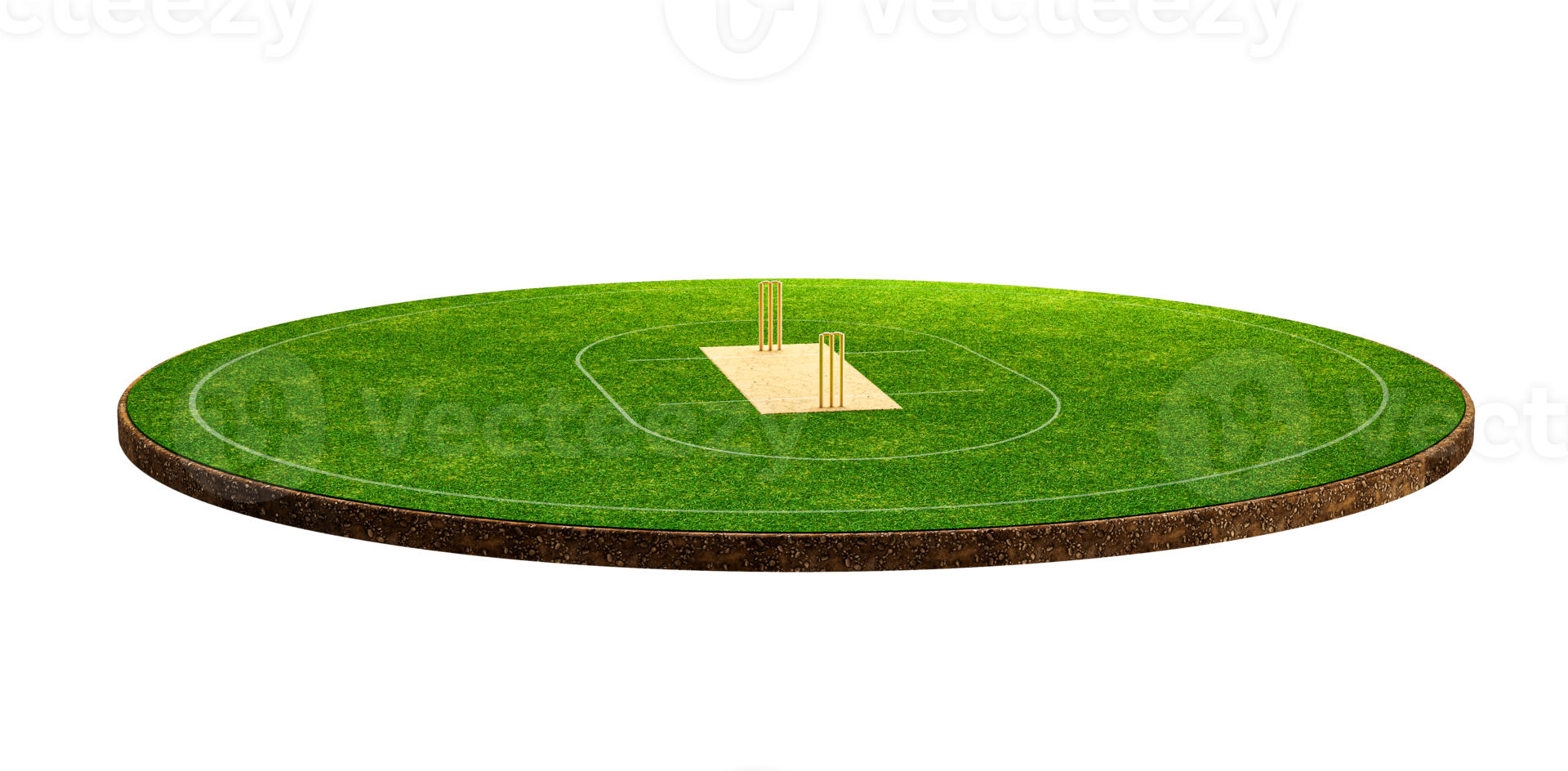 vista frontale dello stadio di cricket su campo da cricket o campo da gioco sportivo con palla, stadio in erba o arena circolare per serie di cricket, prato verde o terreno per battitore, giocatore di bocce. illustrazione 3d del campo esterno png