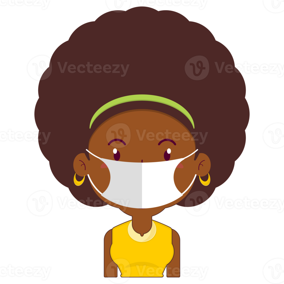 afro vrouw slijtage chirurgisch masker tekenfilm schattig png