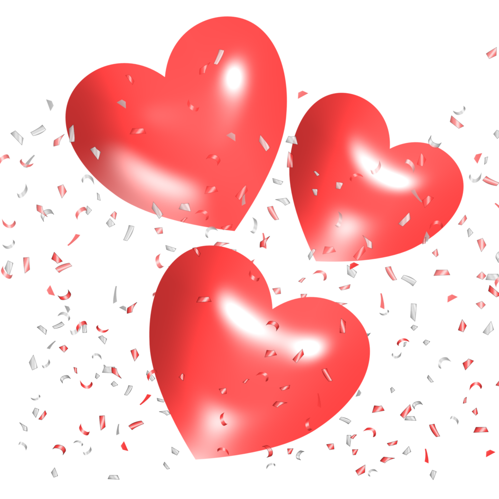 valentine hearts background heart red 3D shaped with confetti transparent background png