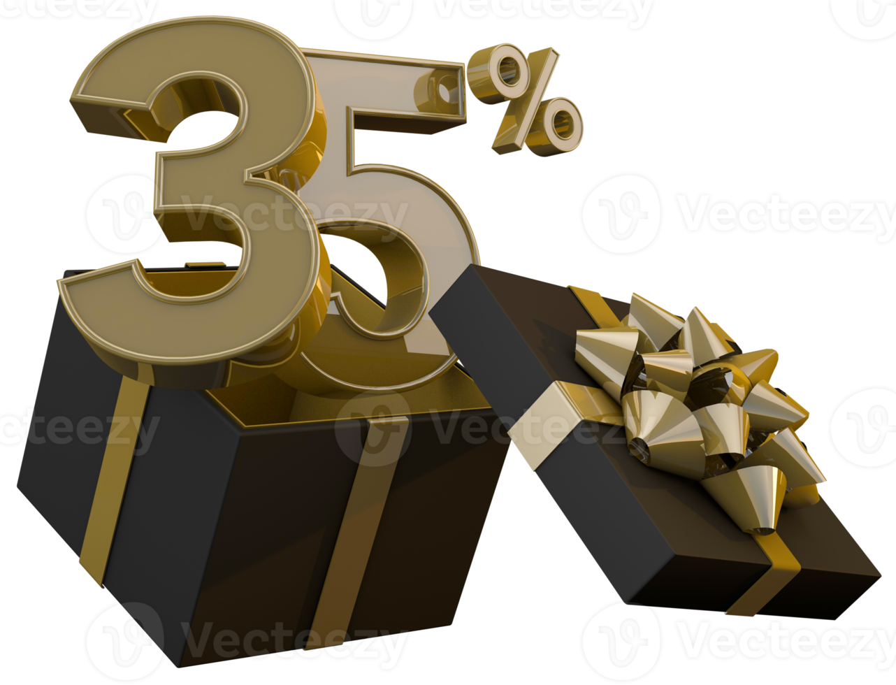 Black friday super sale with 35 percent gold number and black gift box and gold ribbon 3d render png
