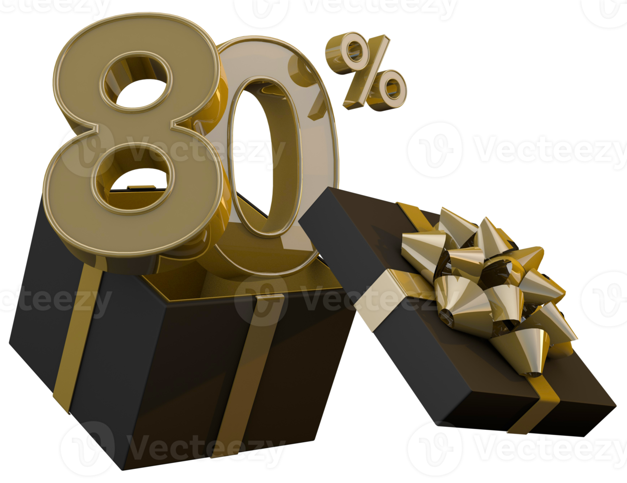 Black friday super sale with 80 percent gold number and black gift box and gold ribbon 3d render png