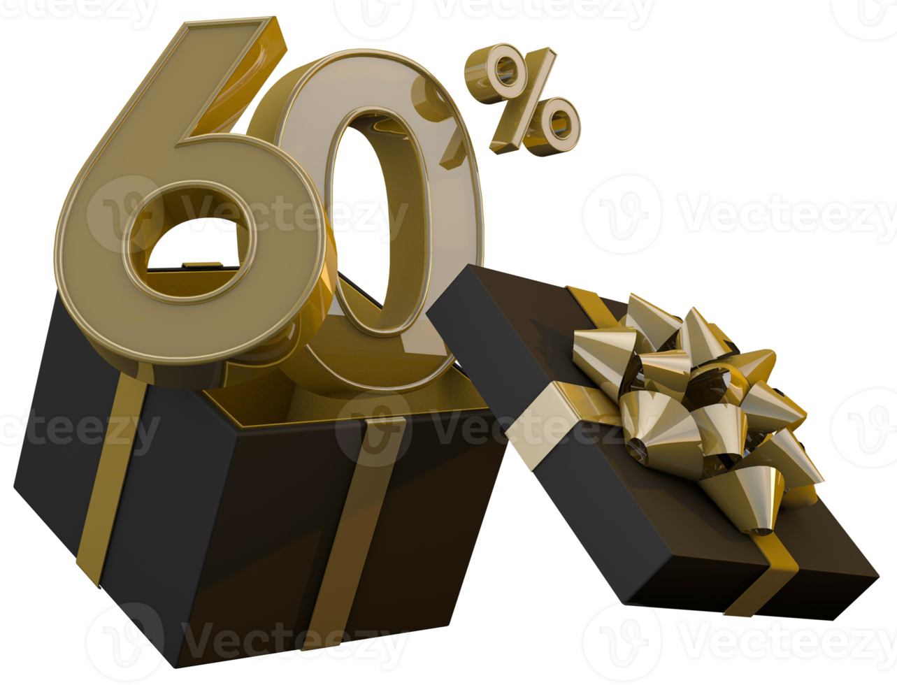 vendredi noir super vente avec 60 pour cent de nombre d'or et boîte-cadeau noire et ruban d'or rendu 3d png