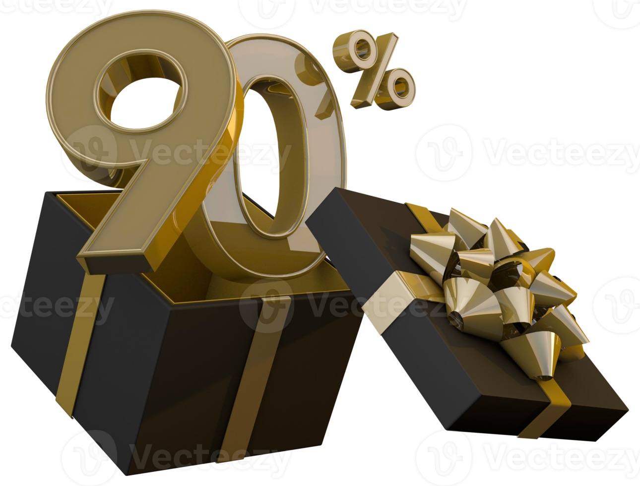 Black friday super sale with 90 percent gold number and black gift box and gold ribbon 3d render png