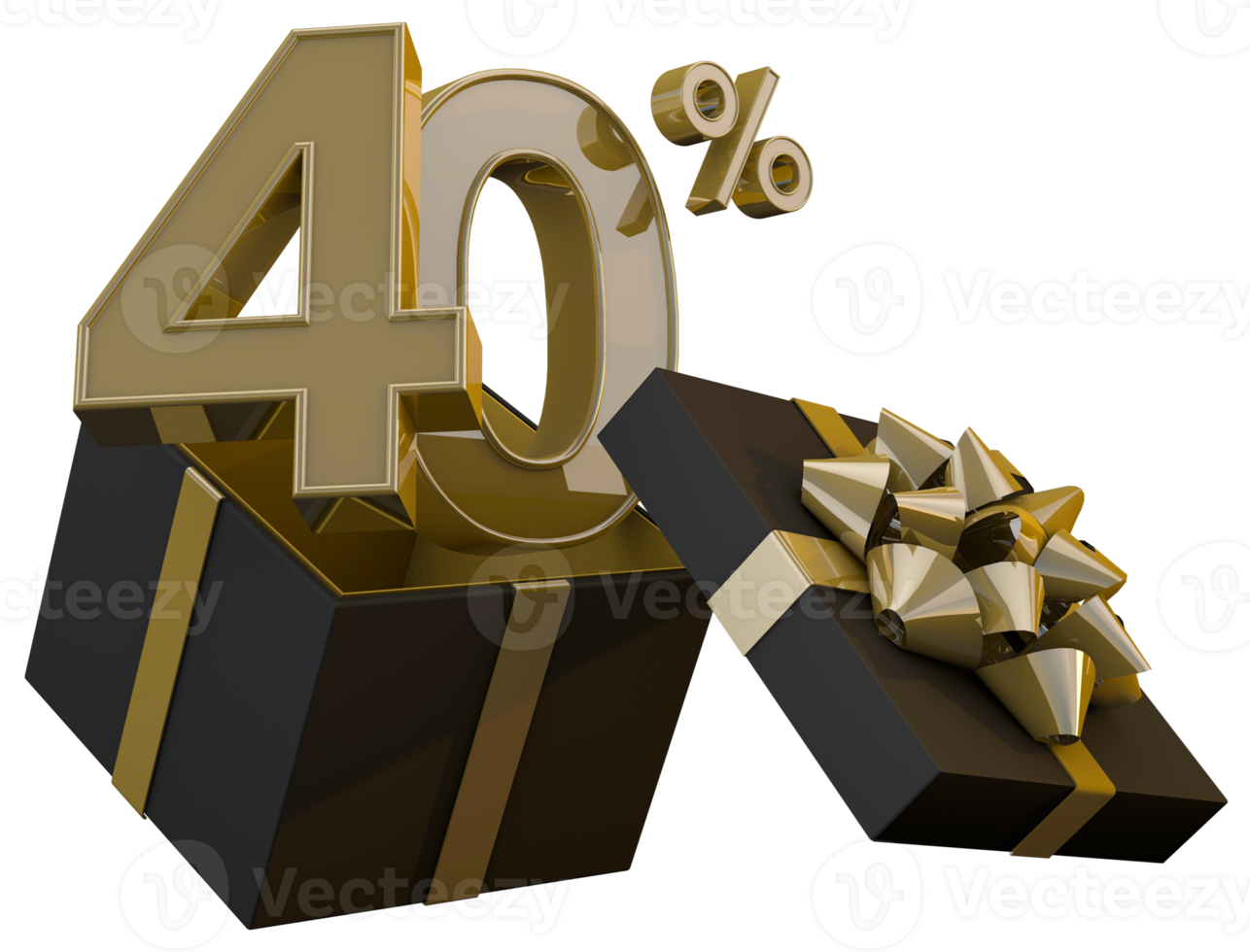 Black friday super sale with 40 percent gold number and black gift box and gold ribbon 3d render png