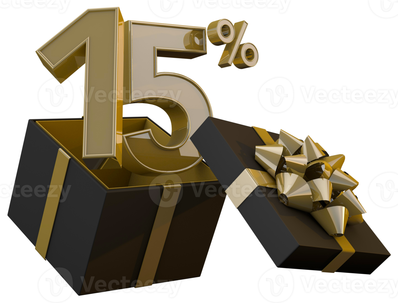 Black friday super sale with 15 percent gold number and black gift box and gold ribbon 3d render png