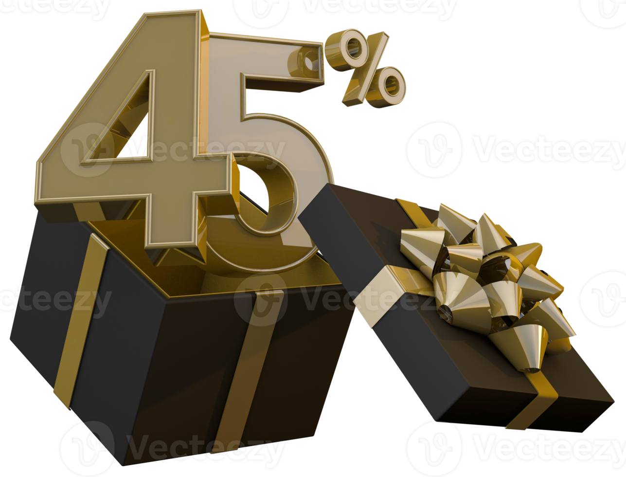 Black friday super sale with 45 percent gold number and black gift box and gold ribbon 3d render png