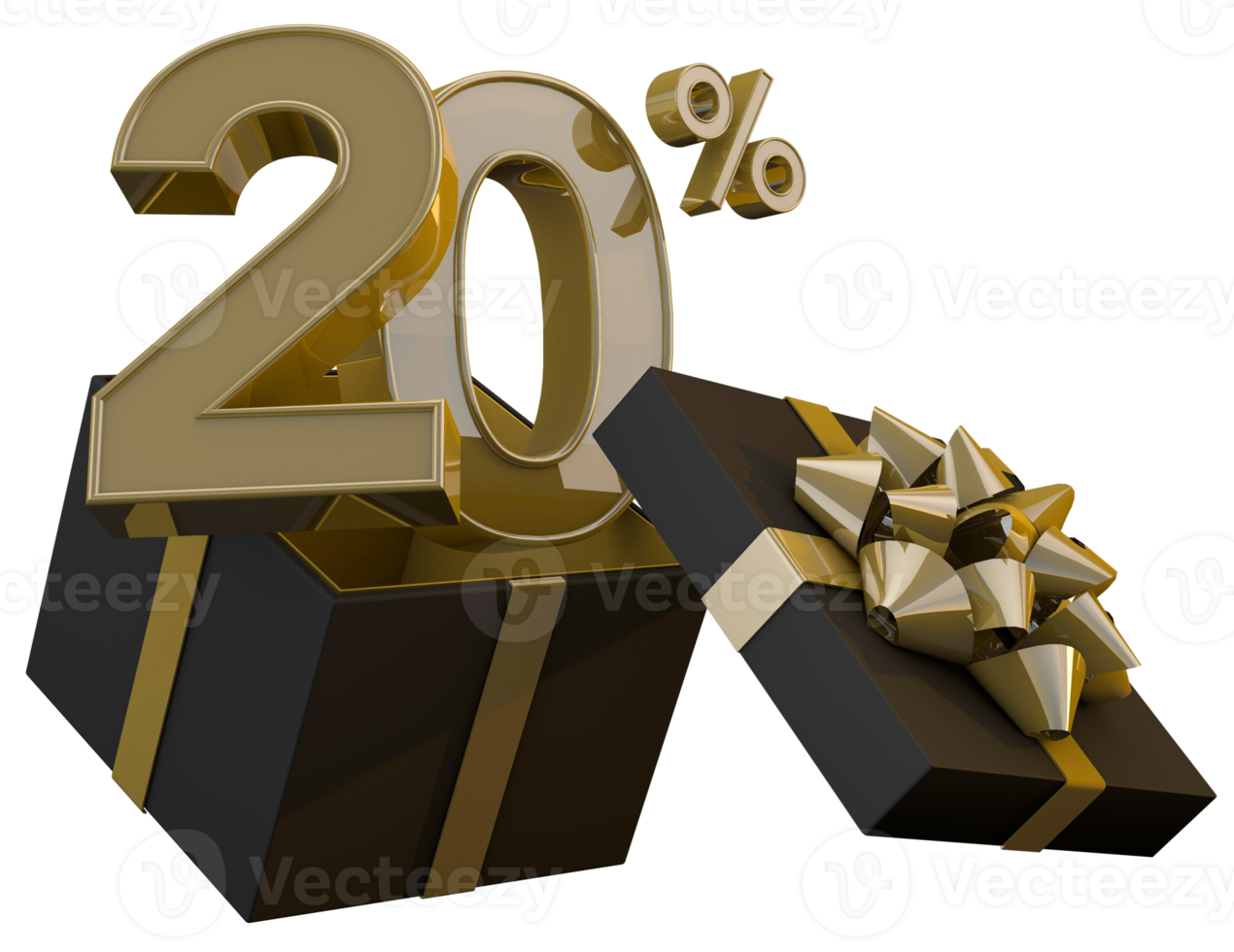 Black friday super sale with 20 percent gold number and black gift box and gold ribbon 3d render png