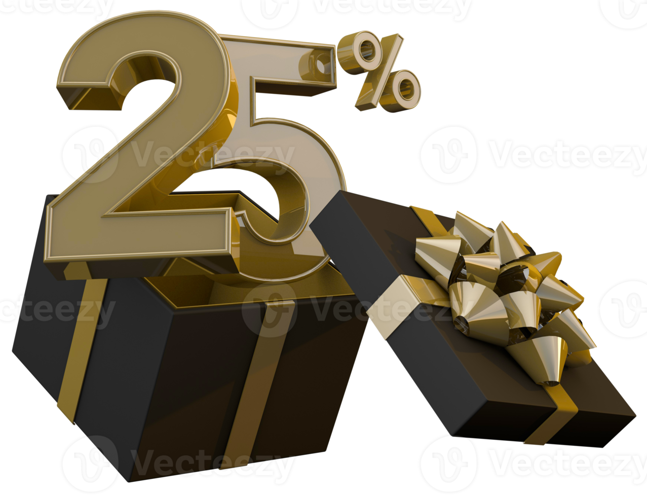 Black friday super sale with 25 percent gold number and black gift box and gold ribbon 3d render png