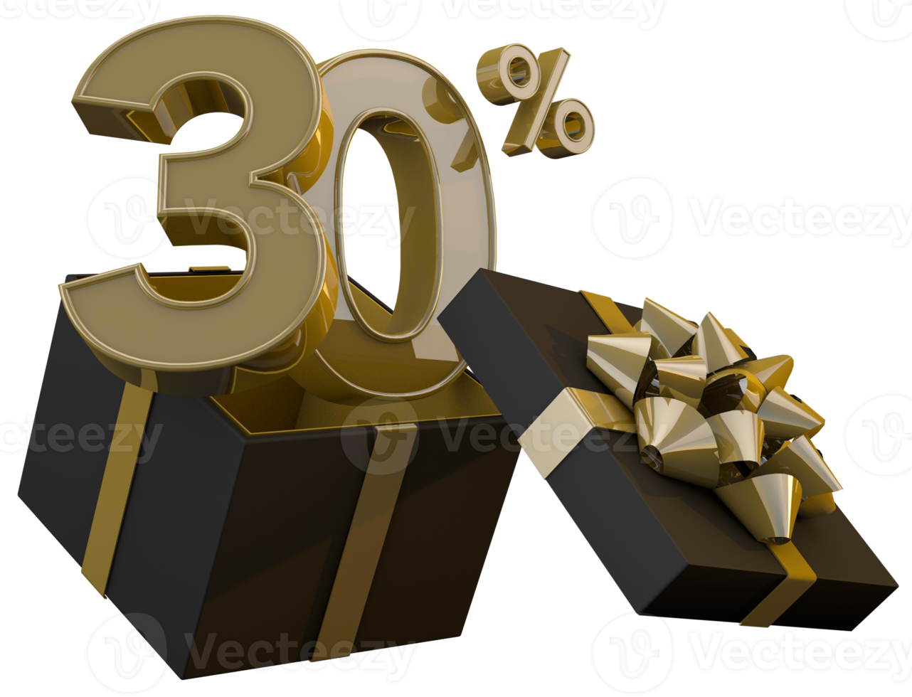 Black friday super sale with 30 percent gold number and black gift box and gold ribbon 3d render png