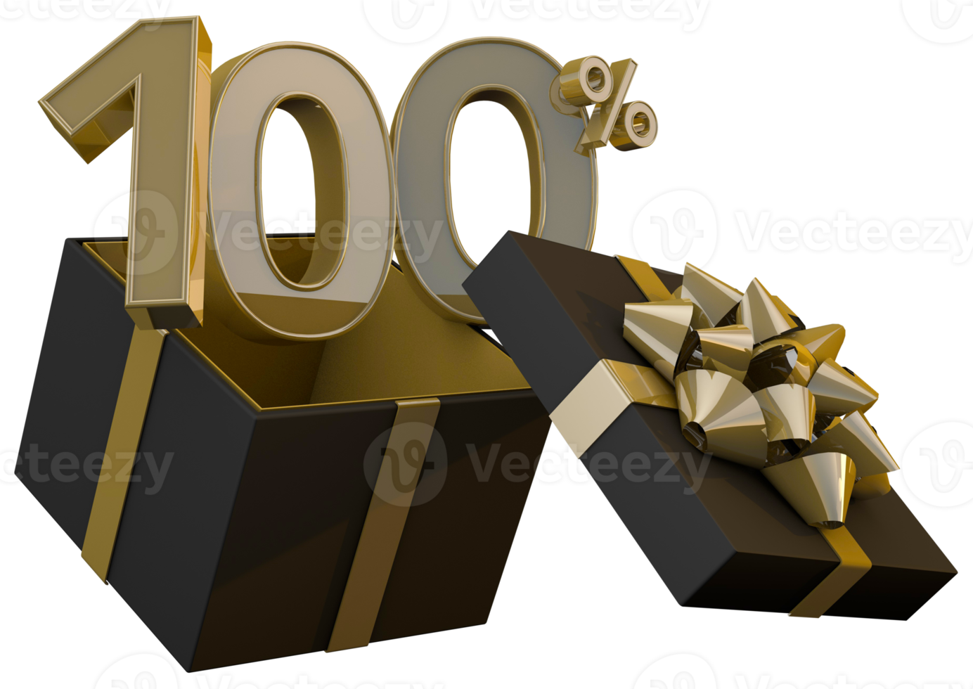 Black friday super sale with 100 percent gold number and black gift box and gold ribbon 3d render png