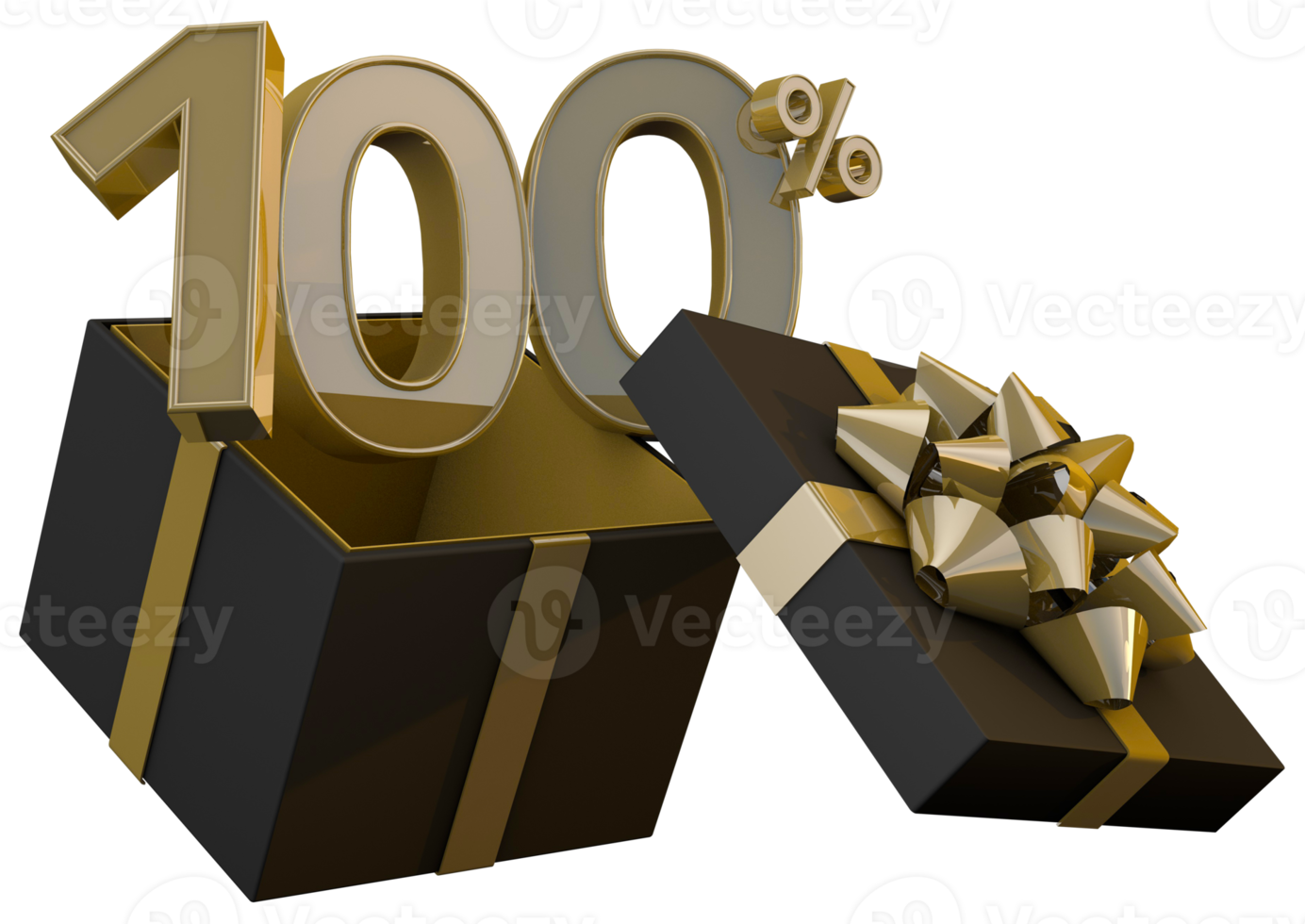 svart fredag super försäljning med 100 procent guld siffra och svart gåva låda och guld band 3d framställa png