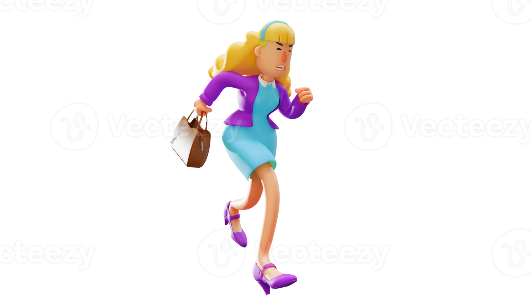 3D illustration. Beautiful Office Worker 3D Cartoon Character. Beautiful office worker going to work carrying a brown bag. Enterprising working woman running. 3D Cartoon Character png