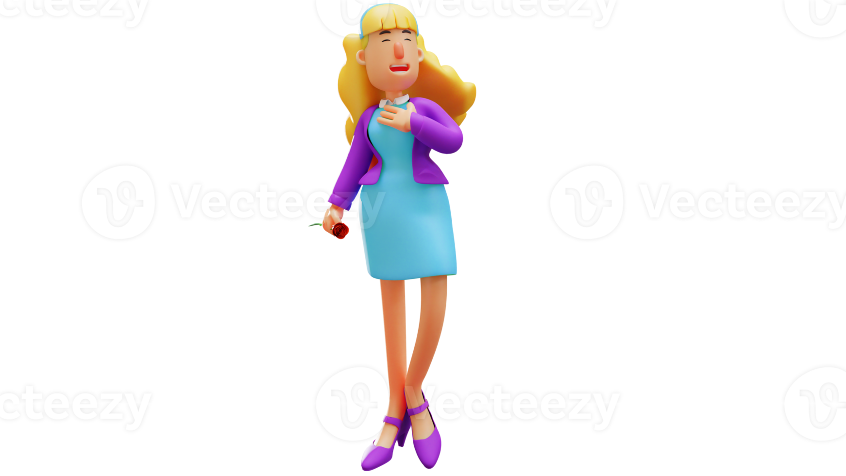 3D illustration. Friendly Woman 3D Cartoon Character. Romantic woman sweet smile. Romantic beautiful woman carrying a red rose. 3D Cartoon Character png