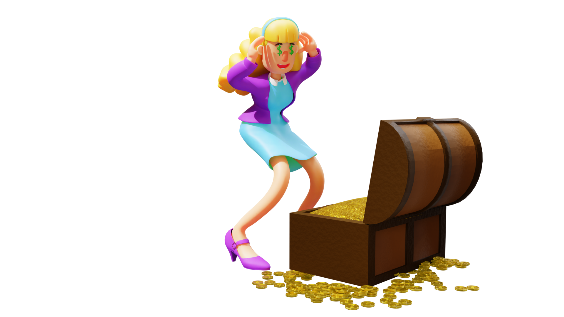 Free 3D illustration. Rich Beautiful Woman 3D Cartoon Character. Rich woman fascinated to see treasure. The rich woman is very happy to see the pile of gold coins in the treasure. 3D Free 3D illustration. Rich Beautiful Woman 3D Cartoon Character. Rich woman fascinated to see treasure. The rich woman is very happy to see the pile of gold coins in the treasure. 3D