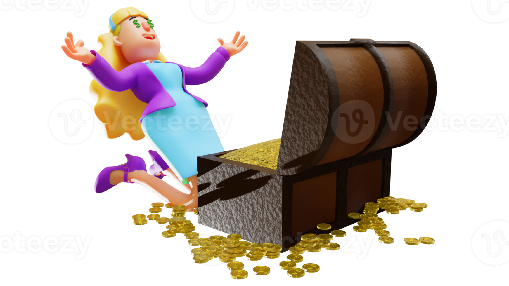 3D illustration. Beautiful Rich Woman 3D Cartoon Character. Rich woman kneeling and smiling happily. Rich woman opens treasure full of gold coins. 3D Cartoon Character png