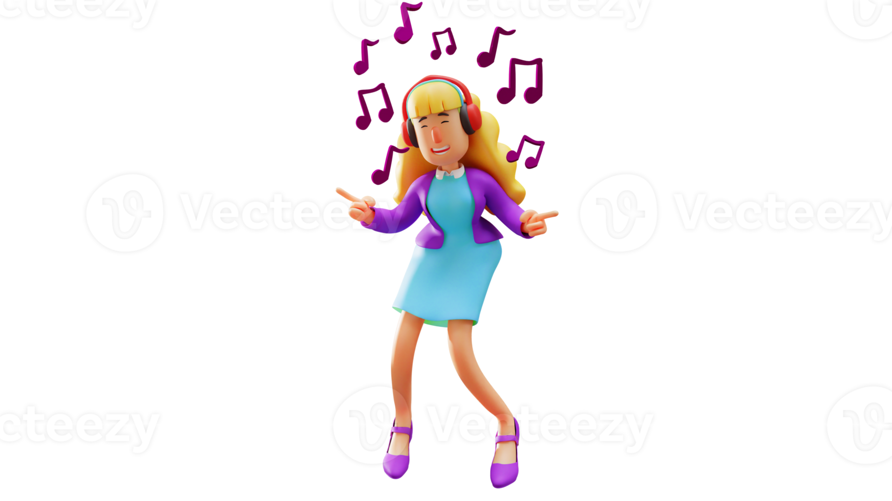 3D illustration. Talented Beautiful Woman 3D Cartoon Character. Beautiful woman singing. Beautiful woman dancing happily. 3D Cartoon Character png