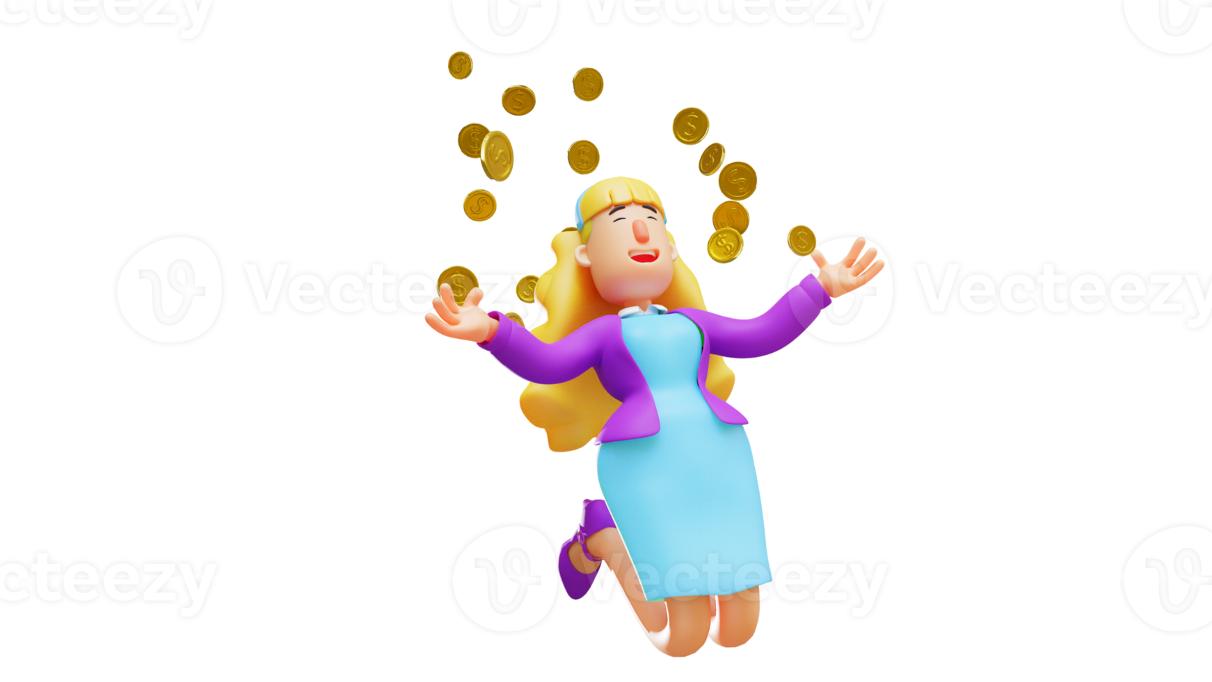 3D illustration. Beautiful Rich Woman 3D Cartoon Character. Rich woman kneeling and smiling happily. The rich woman under the scattering of gold coins. 3D Cartoon Character png