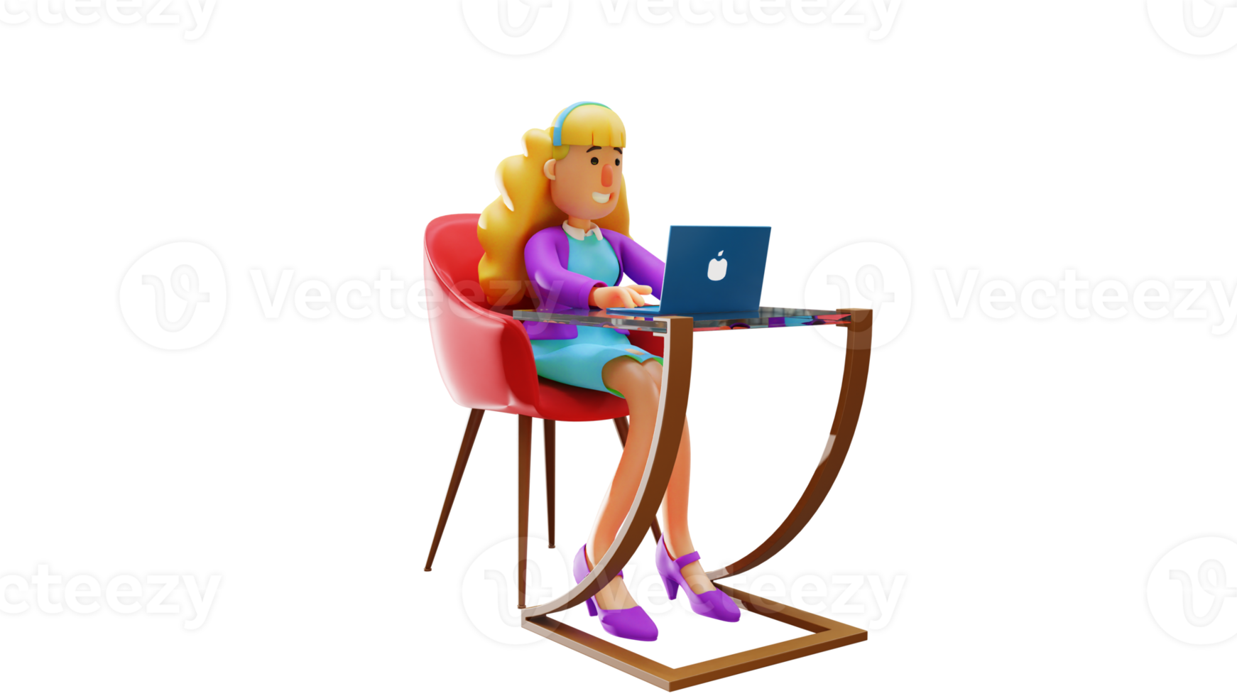 3D illustration. Beautiful office worker 3D Cartoon Character. Beautiful office worker busy doing her work. Beautiful woman sitting in front of laptop. 3D Cartoon Character png