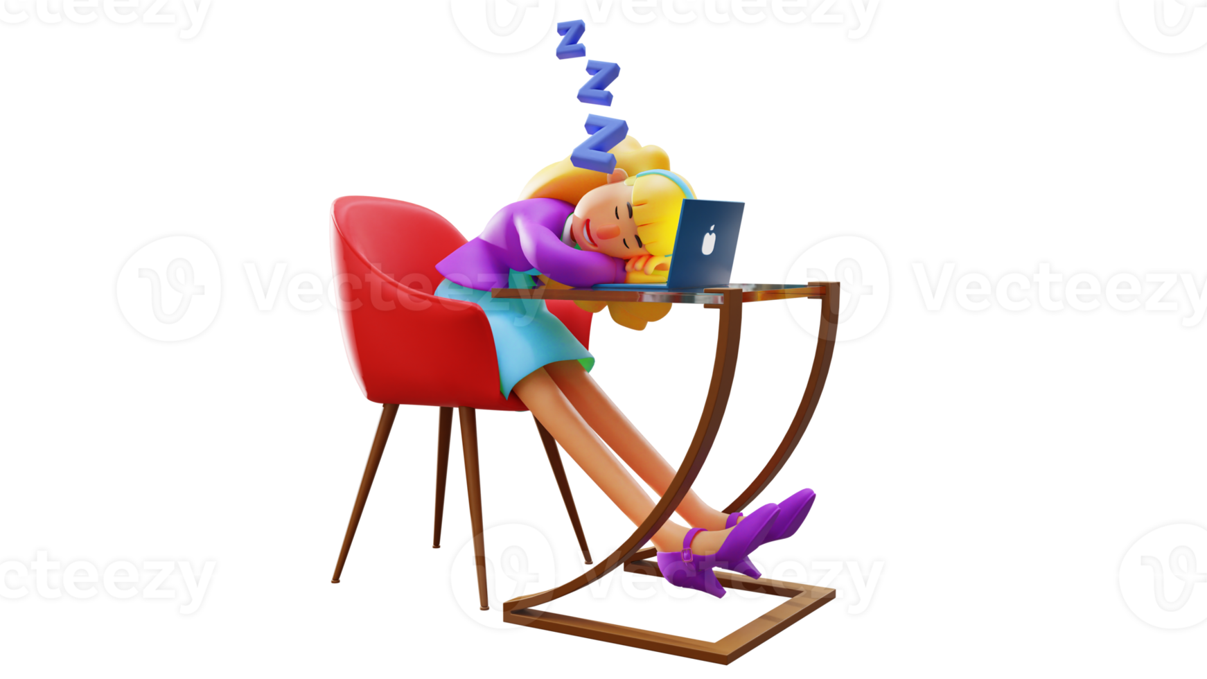 3D Illustration. Beautiful Office Worker 3D Cartoon Character. Beautiful office workers who feel tired. Beautiful office workers fall asleep while sitting in front of a laptop. 3D cartoon character png