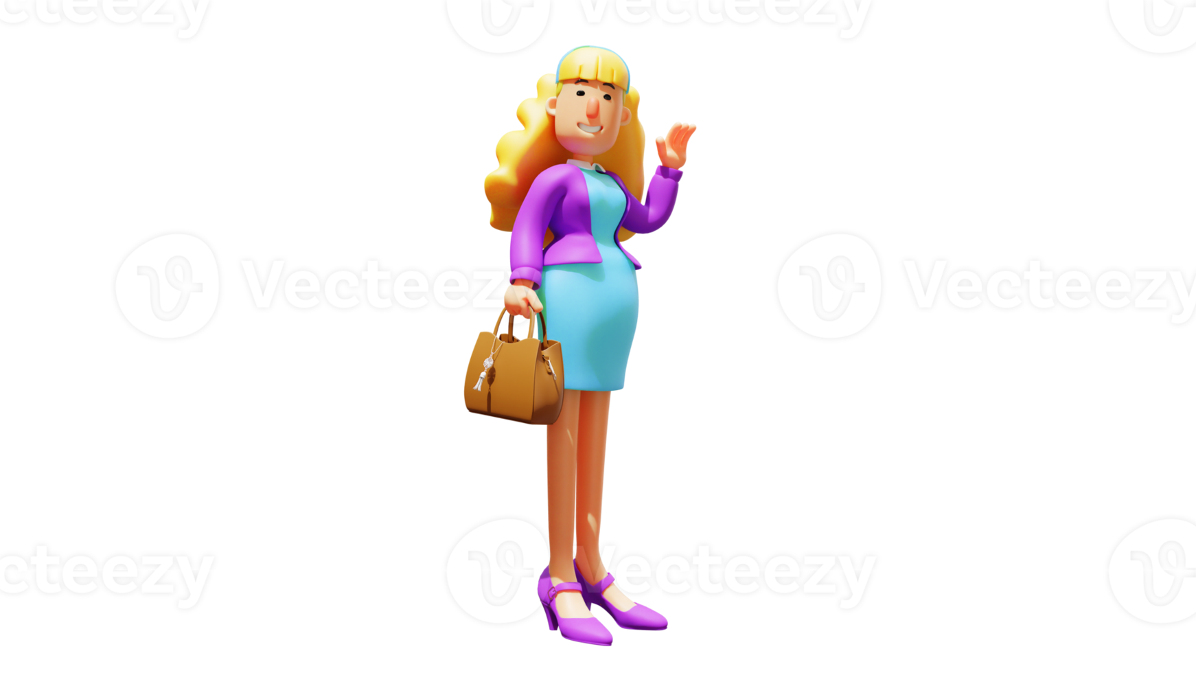 3D illustration. Socialite woman 3D Cartoon Character. Trendy beautiful woman carrying branded bag. Rich woman waving. 3D cartoon character png