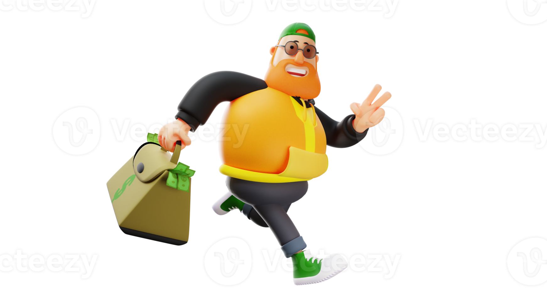 3D Illustration. Stylish Fat Man 3D Cartoon Character. The fat man who ran while carrying a bag full of money. A rich man smiled and showed a sign of peace. 3D Cartoon Character png