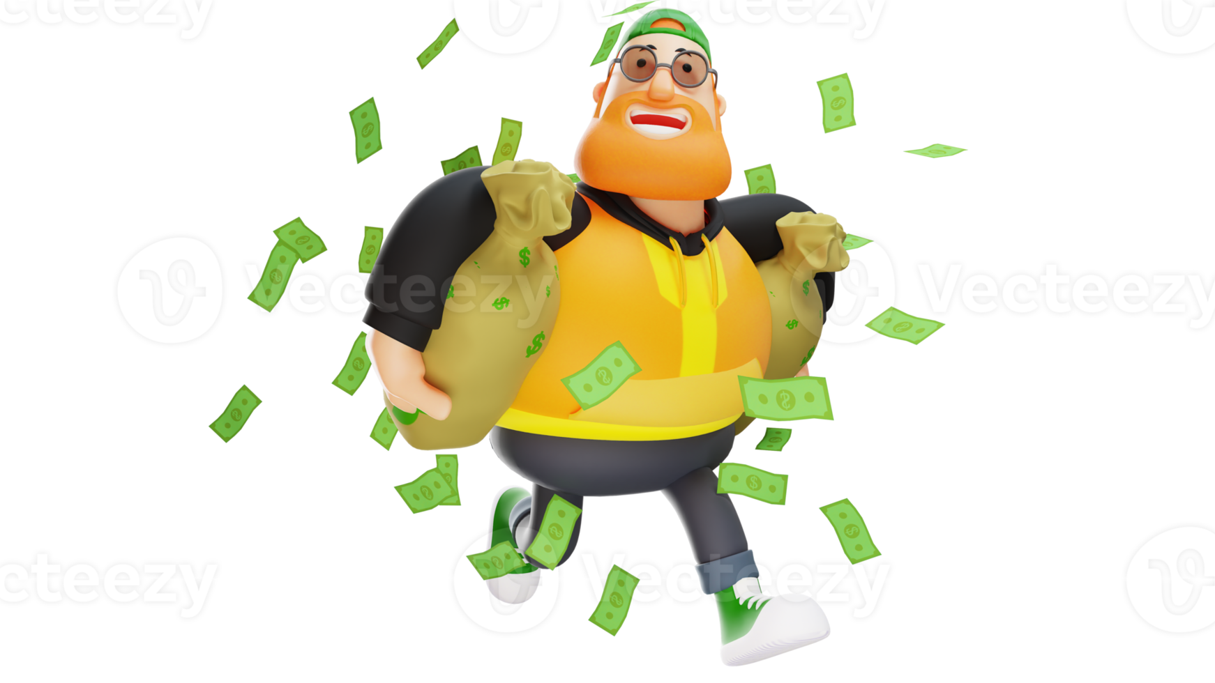 ilustração 3D. rico empresário personagem de desenho animado 3d. homem rico é muito feliz. o empresário de sucesso carregava um saco cheio de dinheiro. muito dinheiro espalhado ao seu redor. personagem de desenho animado 3d png
