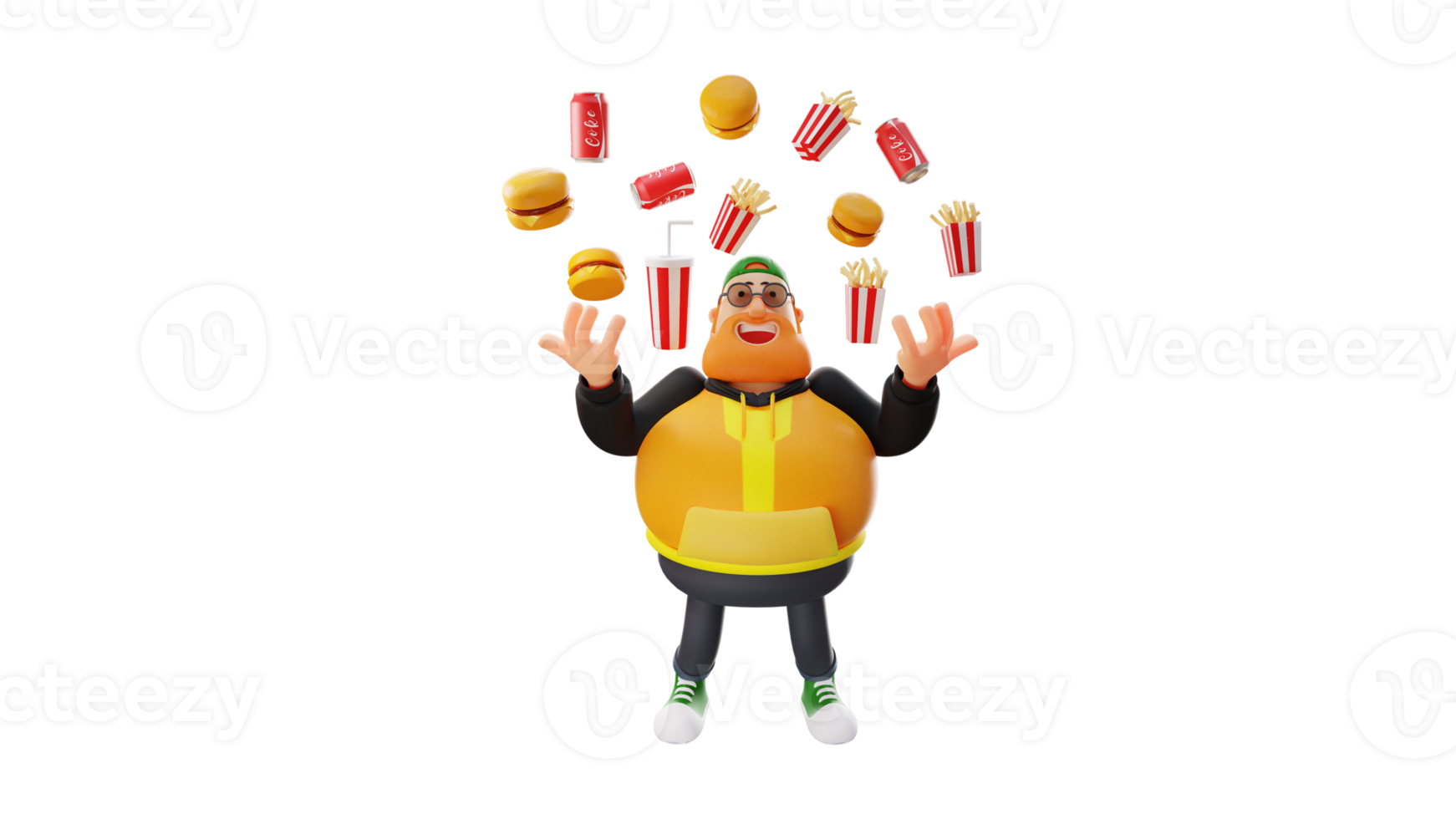 3D Illustration. Happy Fat Man 3D Cartoon Character. A stylish fat man is under the scattering burgers and french fries. Fat man laughing happily. 3D Cartoon Character png