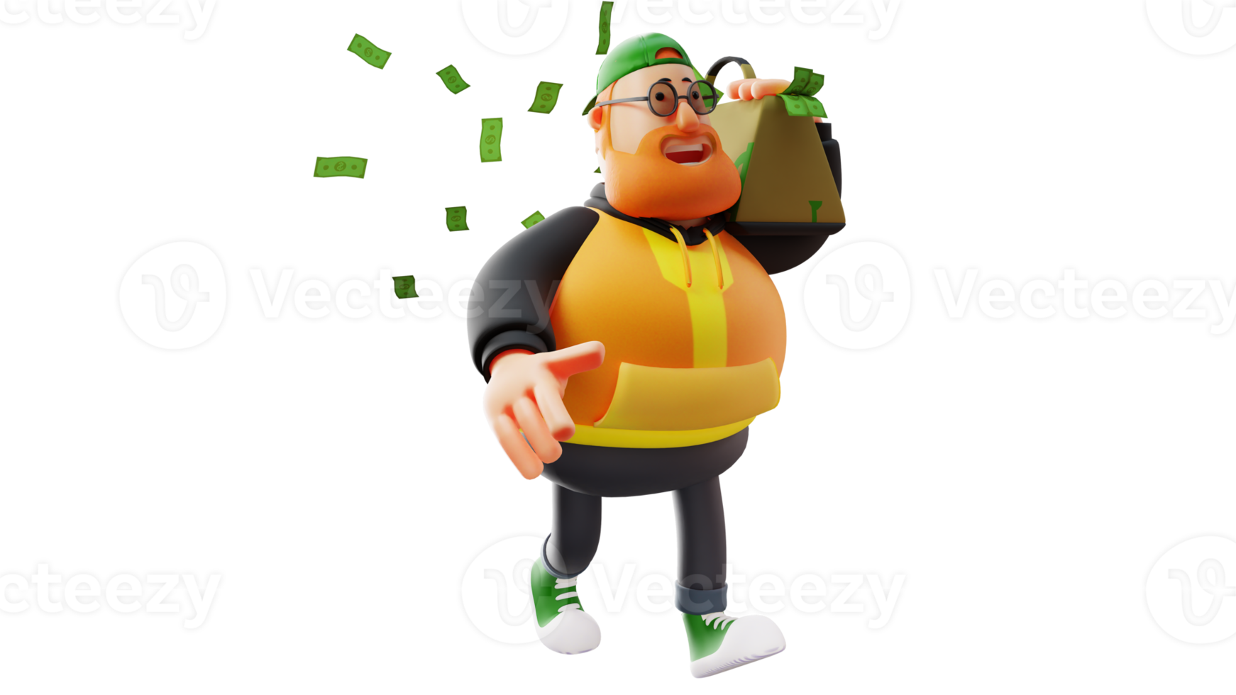 3D Illustration. Happy Fat Man 3D Cartoon Character. The rich fat man carried a bag full of money on his shoulder. A  stylish rich man walking while smiling. 3D Cartoon Character png