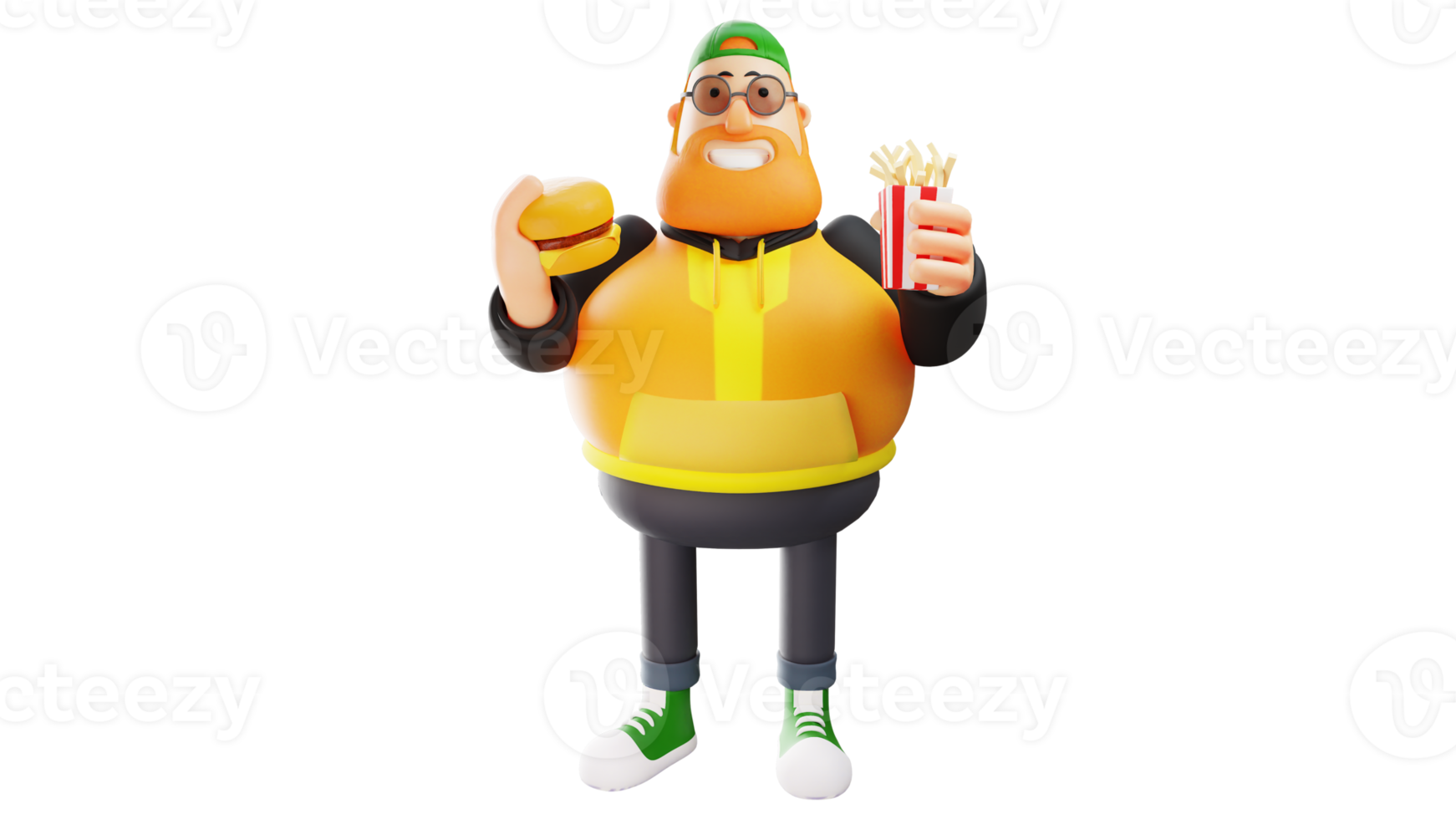3D-Darstellung. hungriger dicker mann 3d-zeichentrickfigur. ein glücklicher dicker mann hält einen burger und pommes frites. Der Dicke lächelte und war zum Essen bereit. 3D-Zeichentrickfigur png