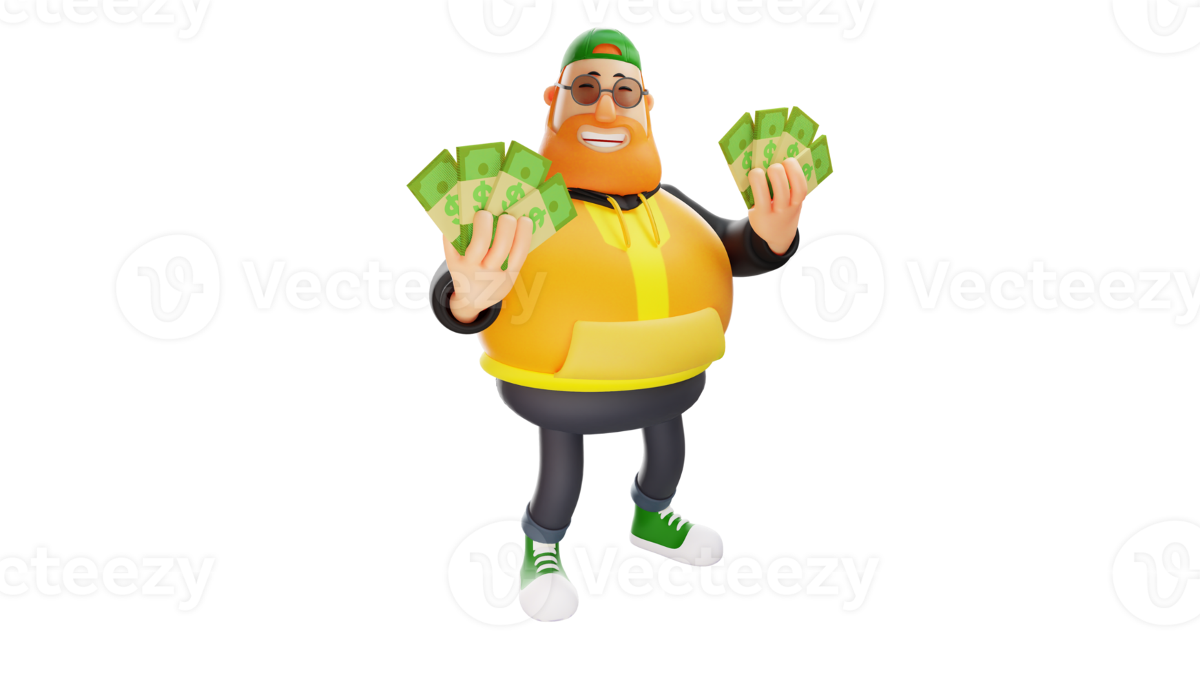 3D illustration. Rich Fat Man 3D Cartoon Character. Rich man holding a lot of money in both hands. Happy rich man. 3D Cartoon Character png