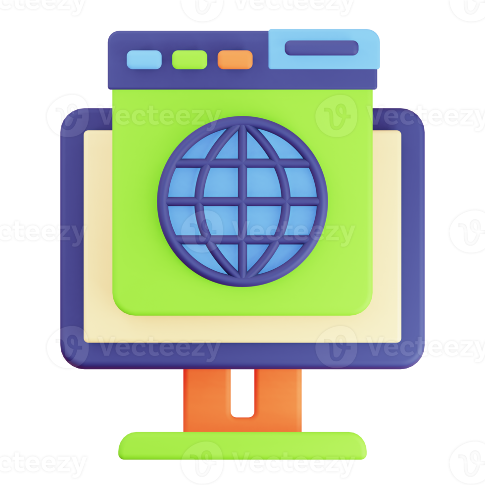 3D Render Monitor and Browser Internet Globe Icon png
