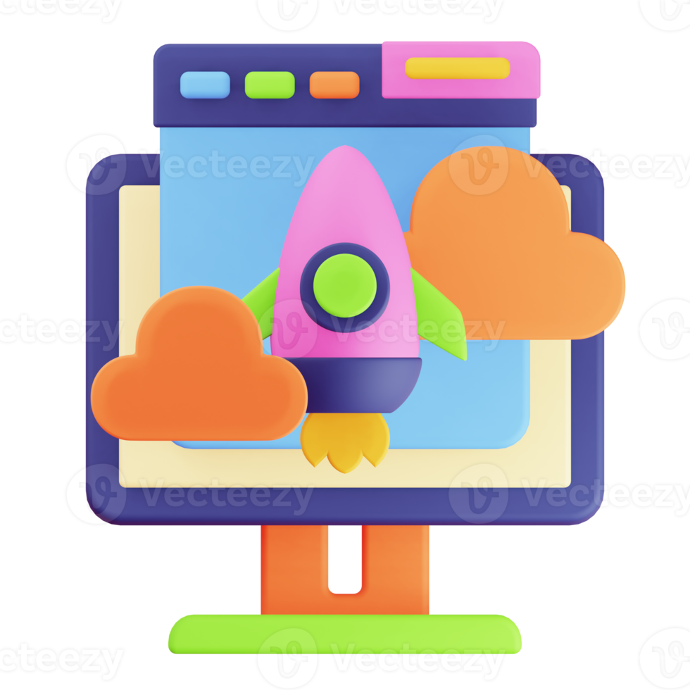 3D-Rendermonitor und Browserraketen-Startsymbol png