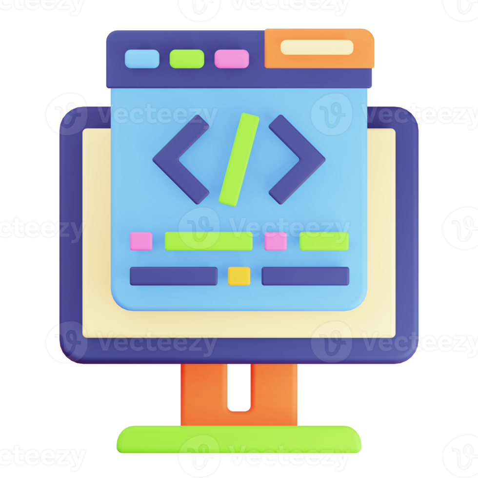 monitor de renderização 3D e ícone de programação de código do navegador png